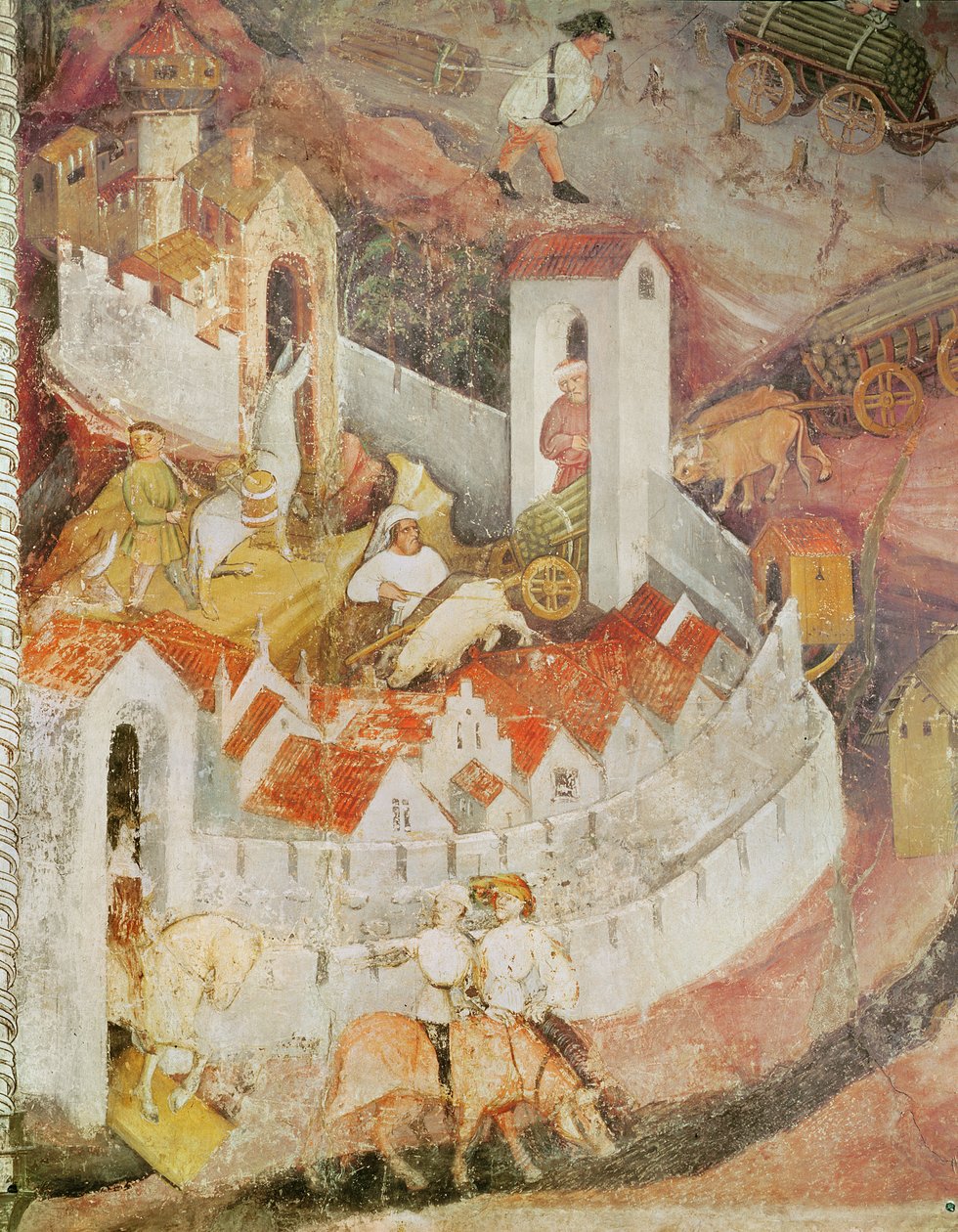 Joulukuu, yksityiskohta puunrunkojen kuljettamisesta, n.1400. tekijältä Bohemian School