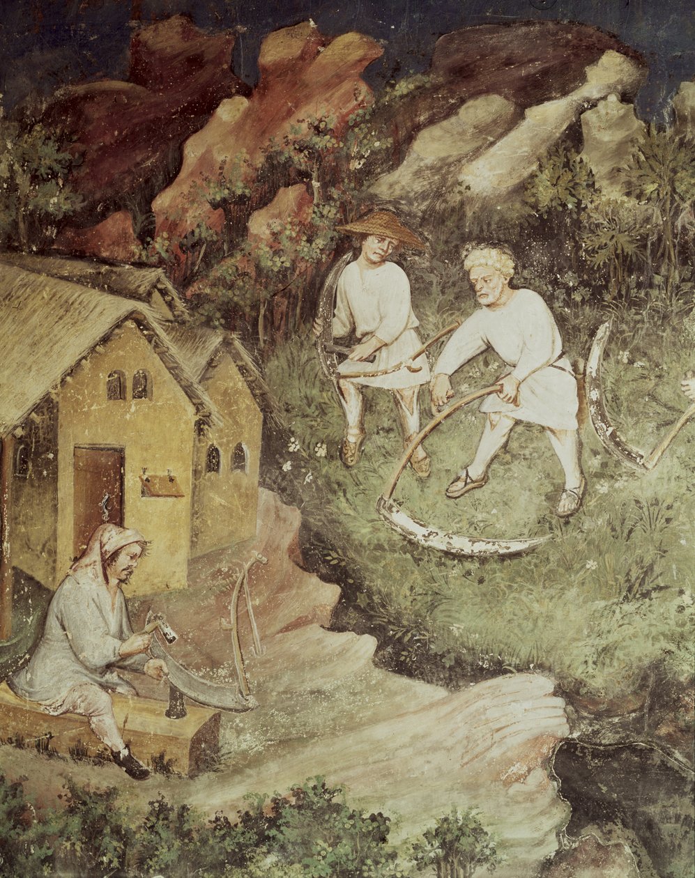 Heinäkuu, sadonkorjuun yksityiskohta, n. 1400 tekijältä Bohemian School