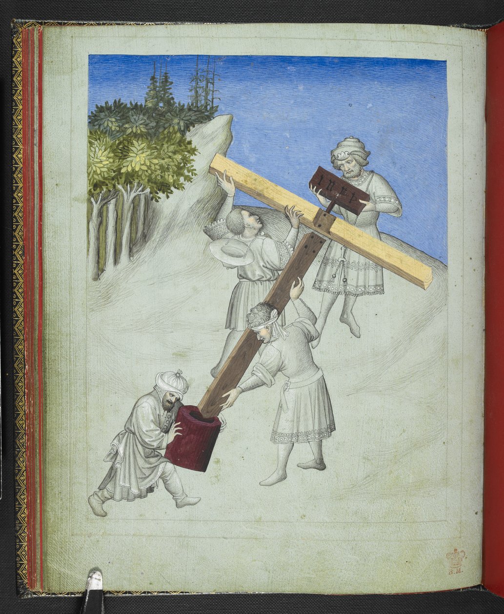 Lisää 24189, f.11v, Kristuksen ristin kokoonpano, neljästä eri puulajista, kuvattuna eri väreillä, "Sir John Mandevillen matkojen kuvakirjasta", n. 1410 (vellum) tekijältä Bohemian School