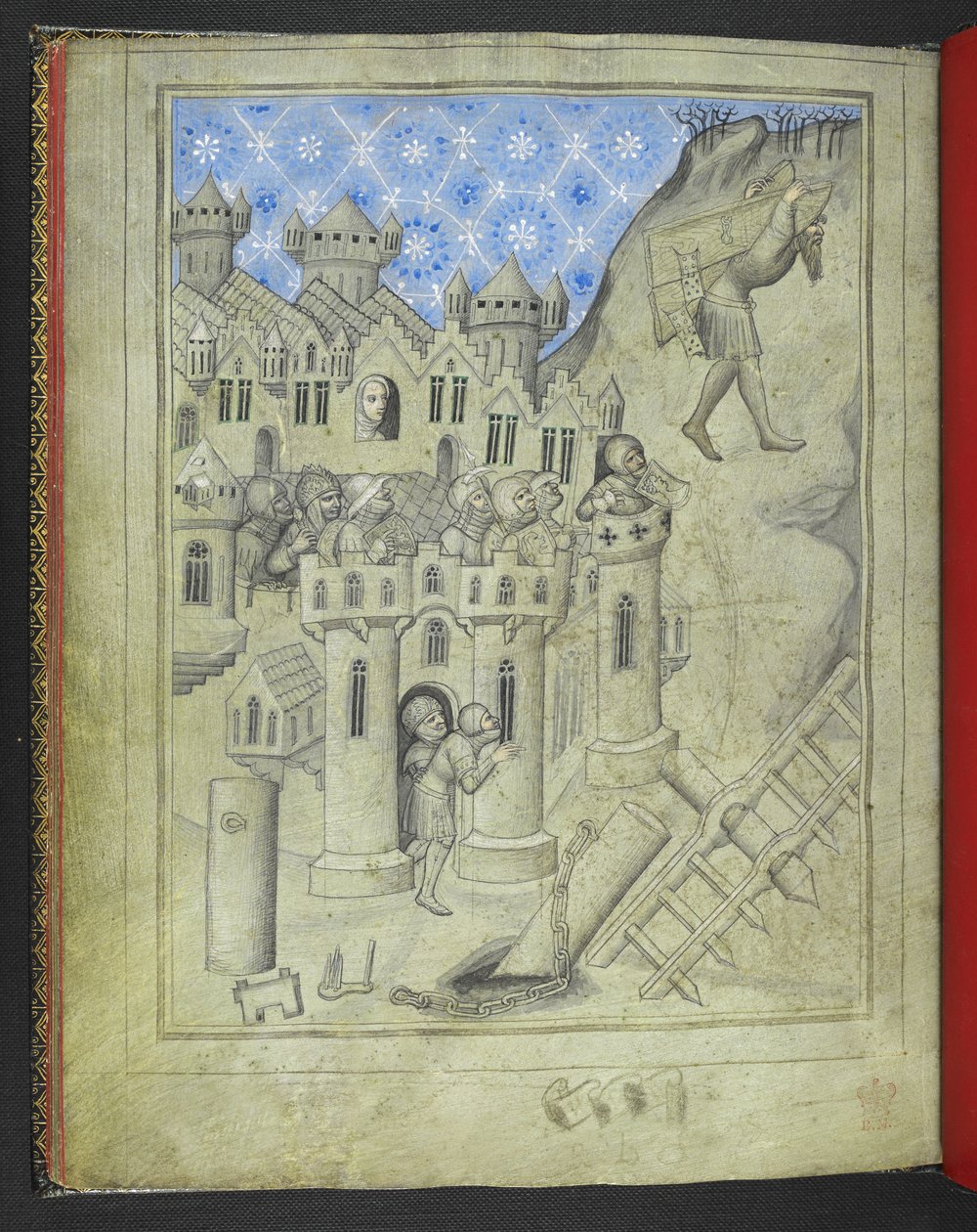 Lisää 24189. f.16v, Simson kantamassa Gazan portteja, panssaroituja sotilaita katsellen kaupungin muureilta ja ikkunasta Delilah, "Sir John Mandevillen matkojen kuvakirjasta", n. 1410 (vellum) tekijältä Bohemian School