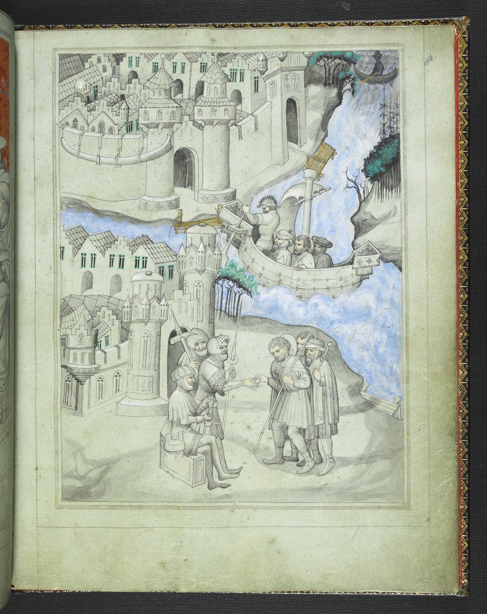 Lisää 24189 f.8 pyhiinvaeltajat, jotka lähestyvät kaupungin portteja, "Sir John Mandevillen matkojen kuvakirjasta", n. 1410 (vellum) tekijältä Bohemian School