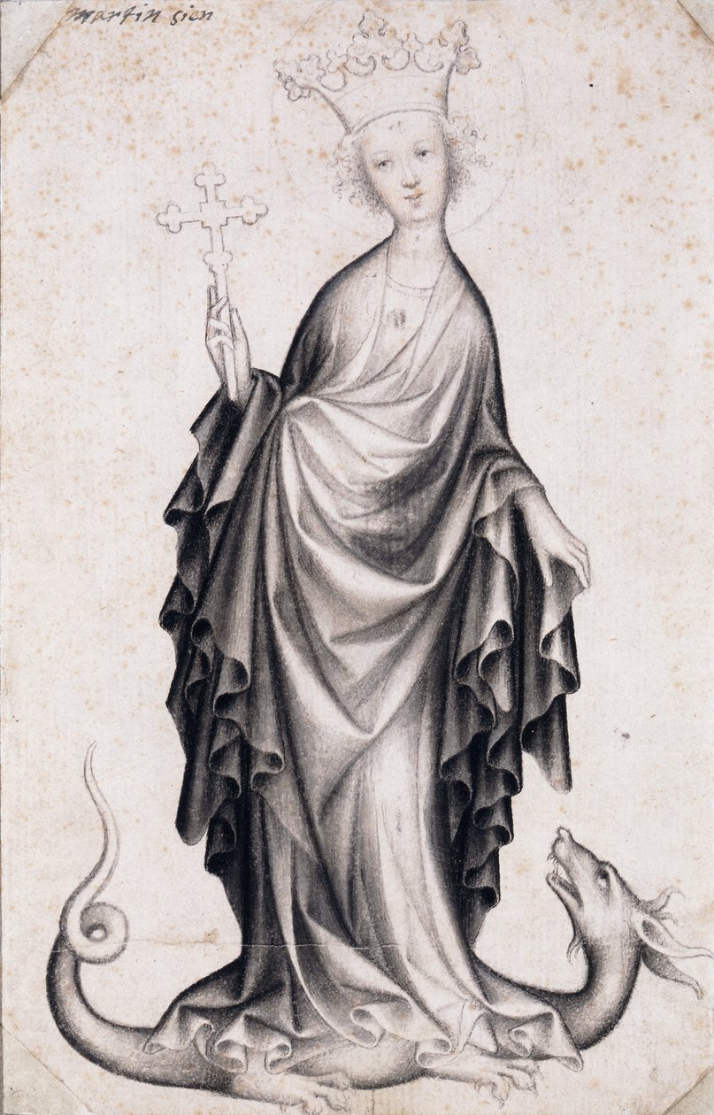 Pyhä Margareta Antiokilainen (kuoli noin 305) (Pyhä Margareta) (hän ​​pitää krusifiksia ja tallaa lohikäärmeen) - Böömiläisen mestarin työ (toimii 1410-1420), kynä ja sivellin paperille (21,4x14 cm), noin 1410 - Szepmuveszeti Muzeum, Budapest (Unkari) tekijältä Bohemian School