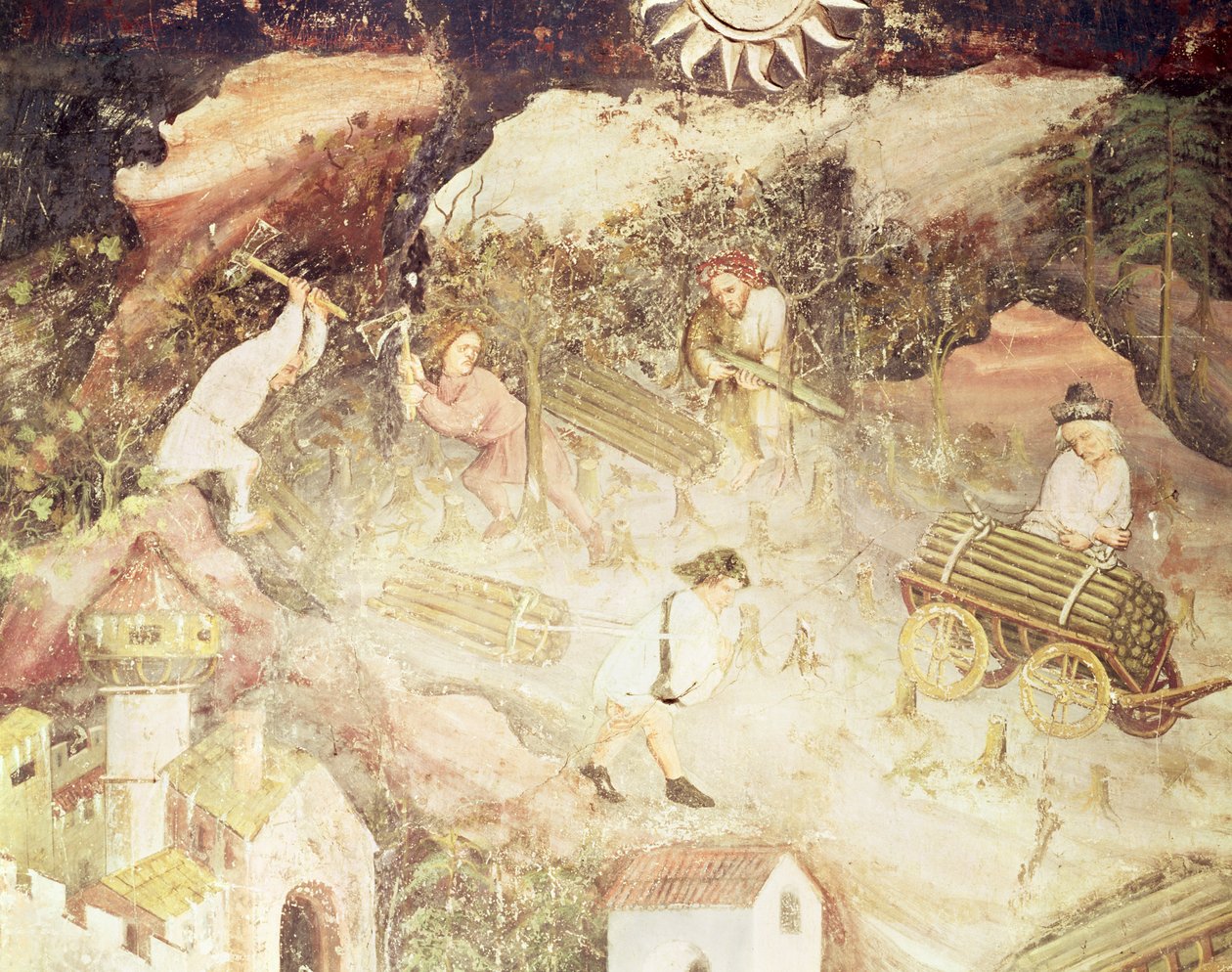 Joulukuu, yksityiskohta miehistä, jotka kaatavat puita, n. 1400 (fresko) tekijältä Bohemian School