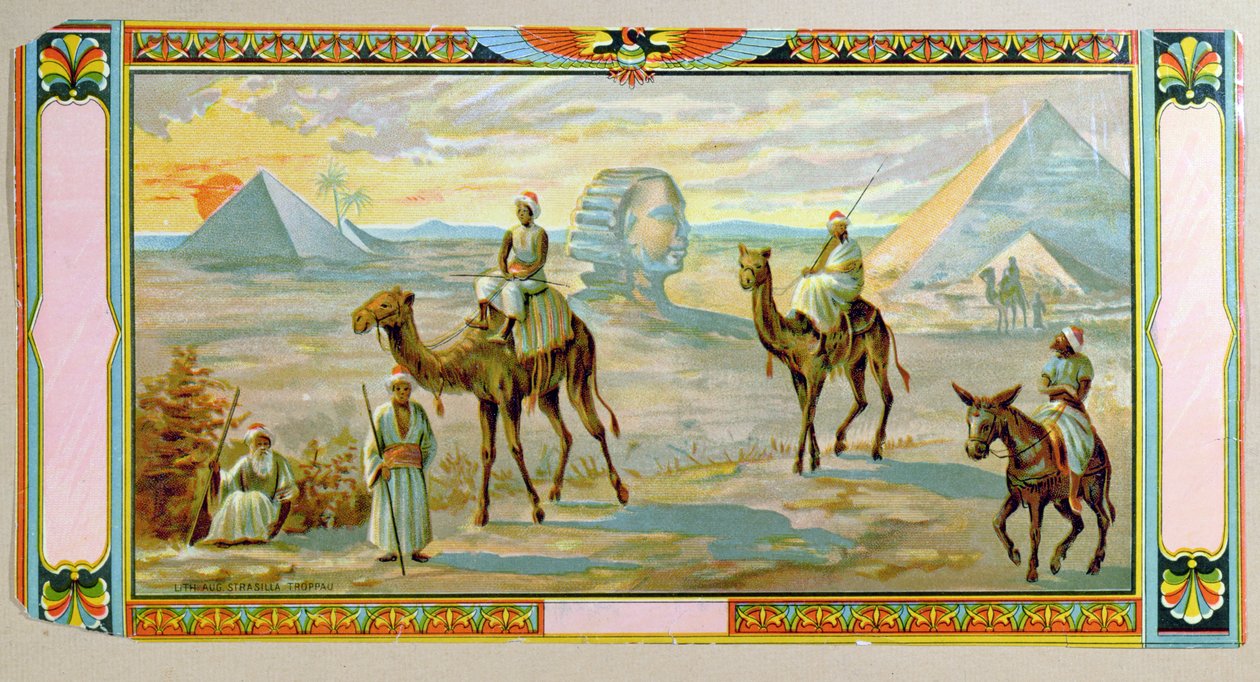 Sfinksi ja pyramidit, etiketti fez-laatikosta, n. 1910 tekijältä Bohemian School
