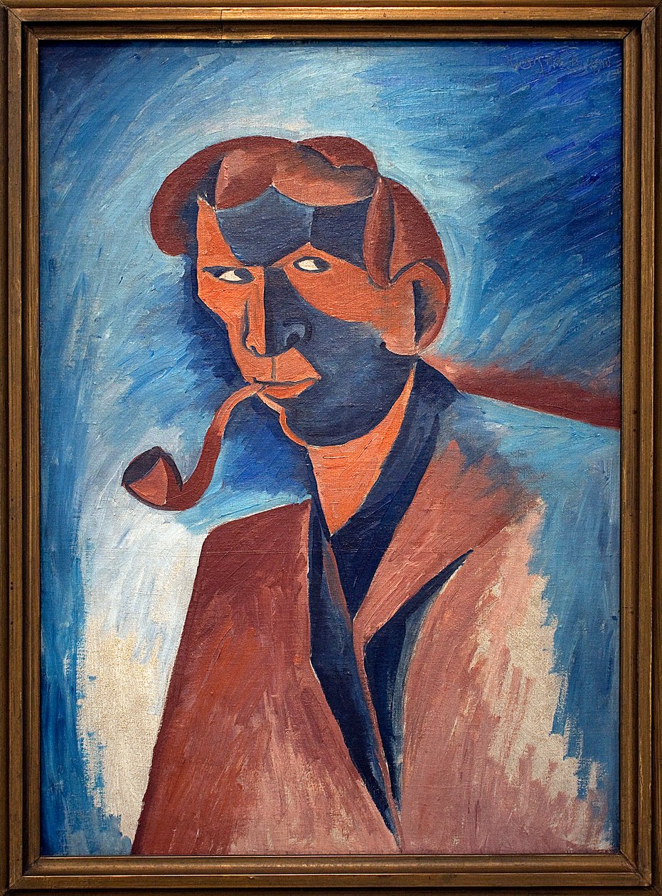 Tupakointi (omakuva). Bohumil Kubistan (1884-1918) maalaus, öljy kankaalle 1910. Tšekkiläinen taide 1900-luku. Veletrzni Palace (Messupalatsi), Praha (Tšekki). tekijältä Bohumil Kubišta