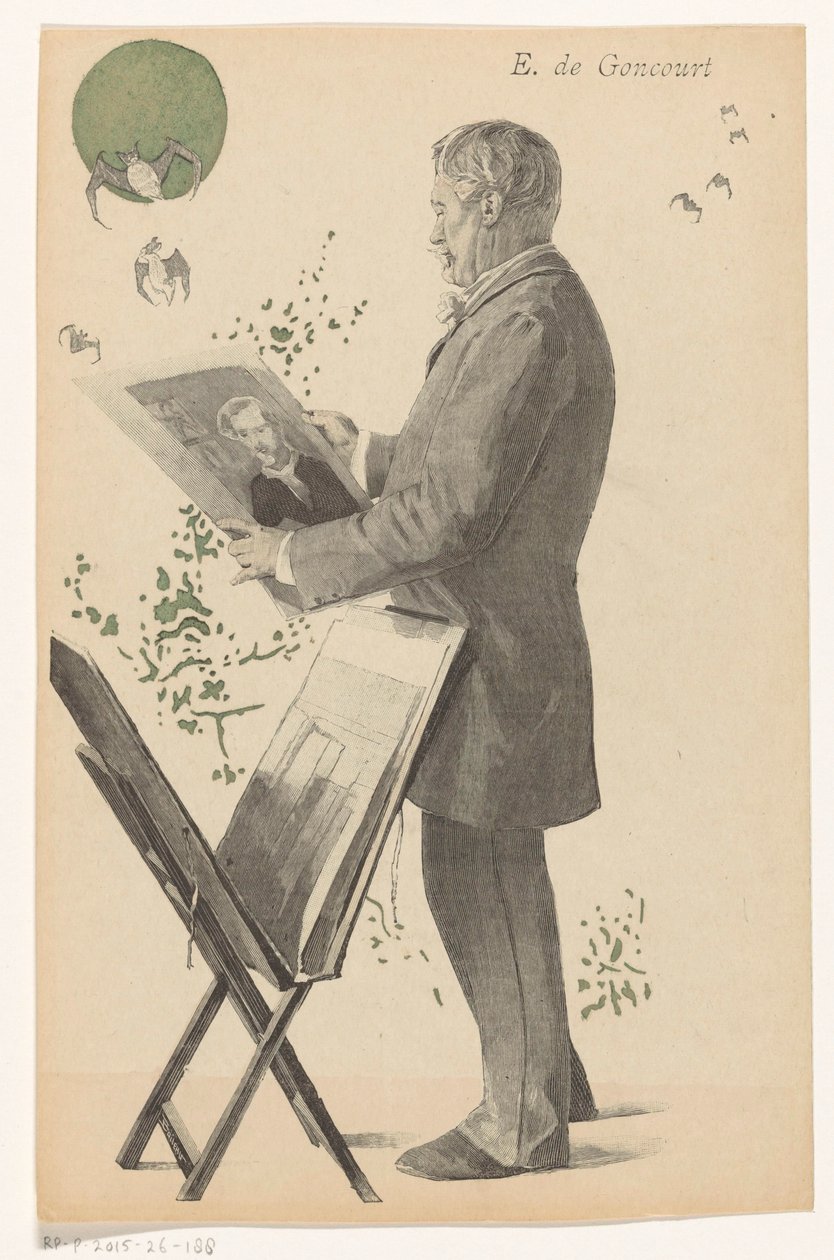 Edmond de Goncourt katsoo printtiä, vieressään printtistandardia E. de Goncourt (otsikko esineessä) tekijältä Boileau