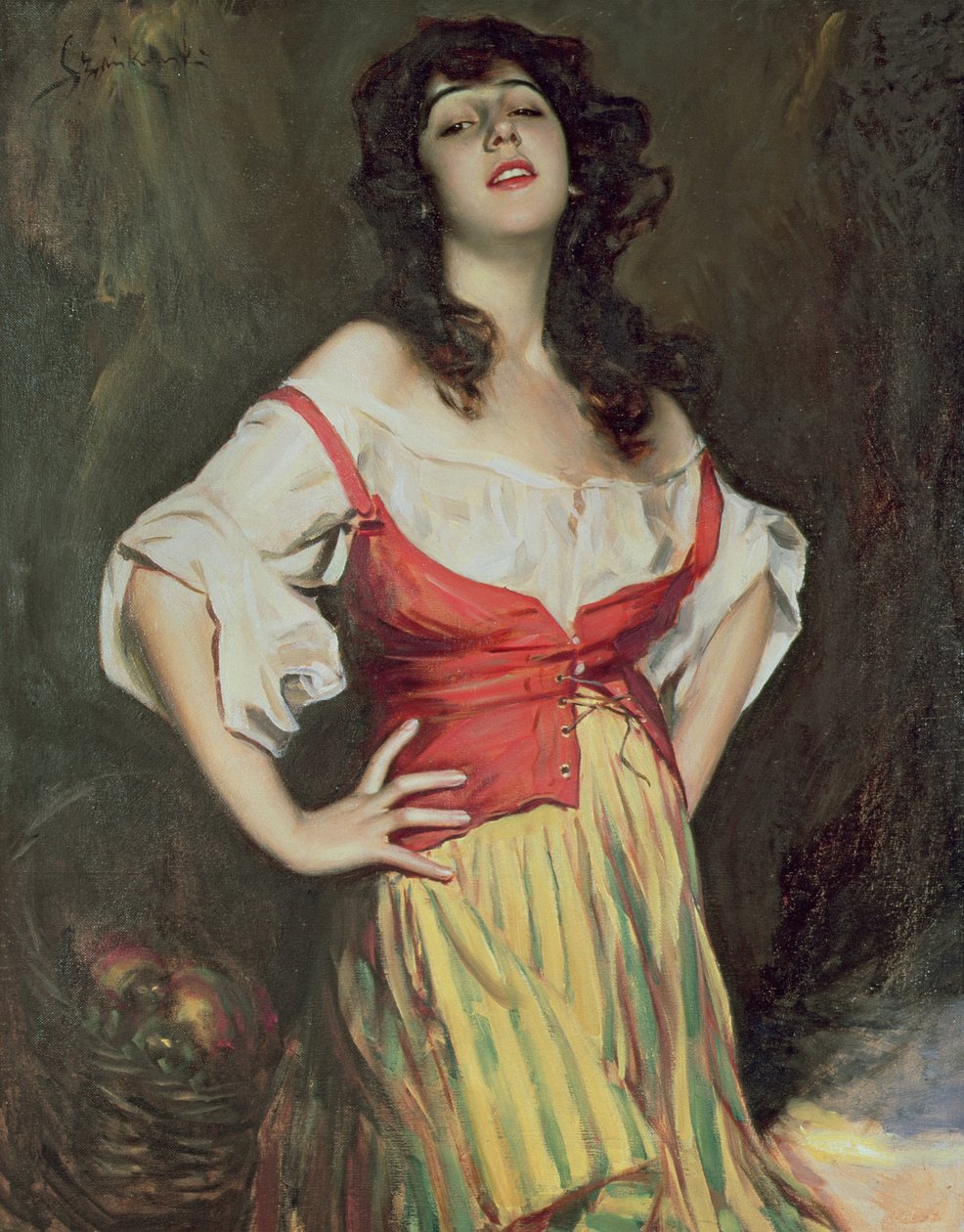 Tyttö korin kanssa, noin 1910 (öljy kankaalle). tekijältä Boleslaw Szankowski