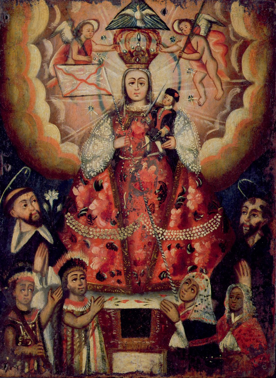 Madonna Kristuslapsen kanssa, St. Dominic, St. Francis ja intiaanipalvojat tekijältä Bolivian School