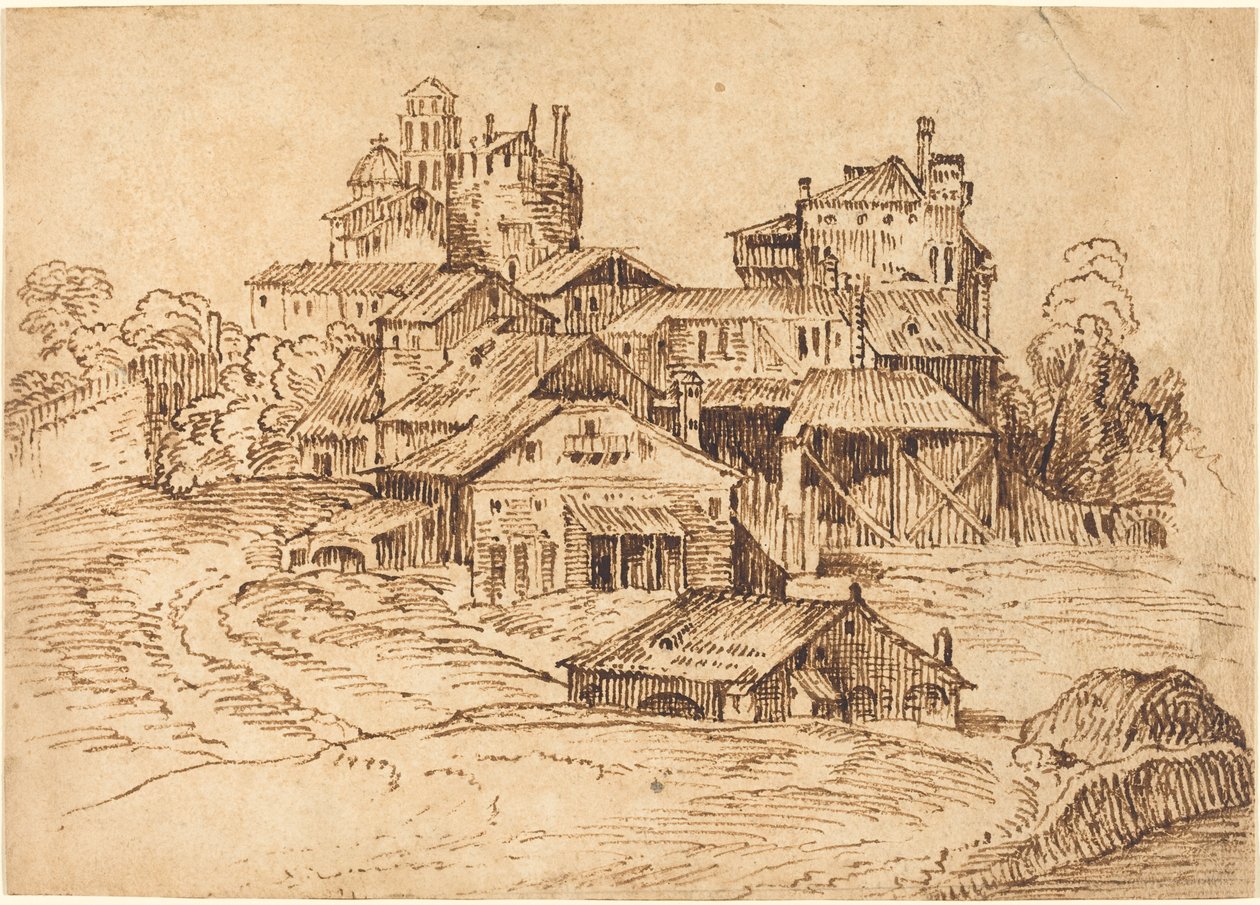 Näkymä italialaiseen kaupunkiin (Titianin tai Domenico Campagnolan jälkeen) tekijältä Bolognese 17th Century