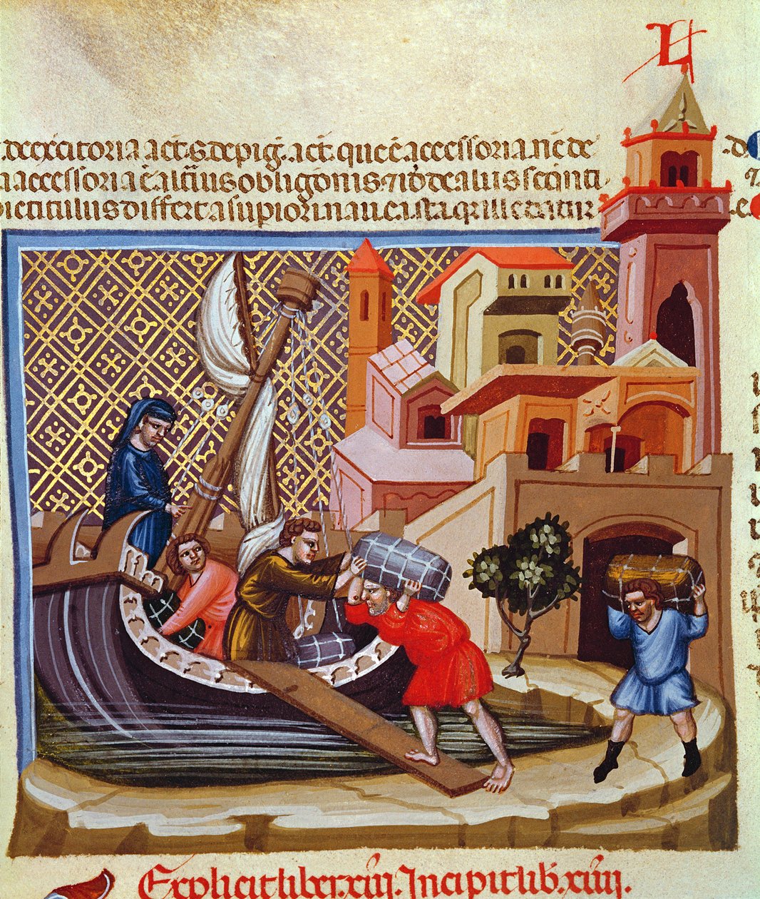 Tavaroiden lastaus laivaan käsikirjoituksesta "Justinian Institutiones Feodorum et Alia", n. 1300 (vellum) tekijältä Bolognese School