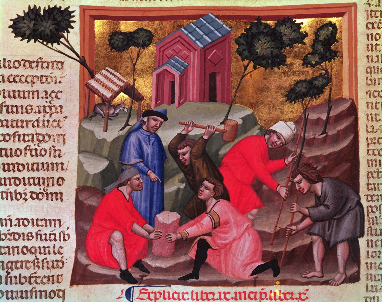 Marmorileikkurit ja kivenmurskaimet, käsikirjoituksesta "Justianian Institutiones Feodorum et Alia Codex", n. 1300 (vellum) tekijältä Bolognese School