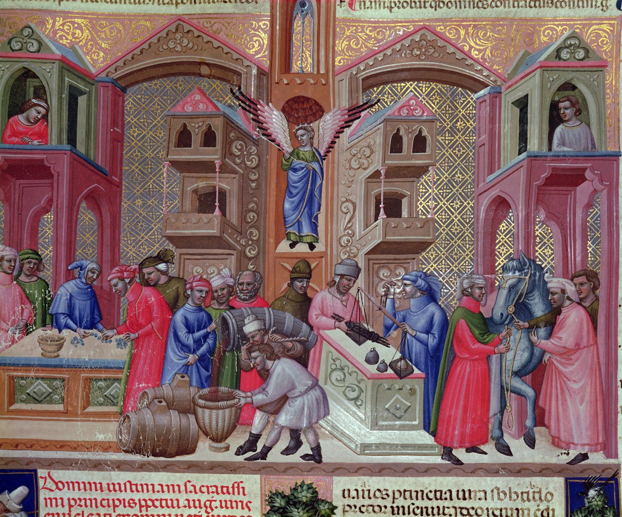 Kauppiaiden kilta, käsikirjoituksesta "Justinian Institutiones Feodorum et Alia", n. 1300 (vellum) tekijältä Bolognese School
