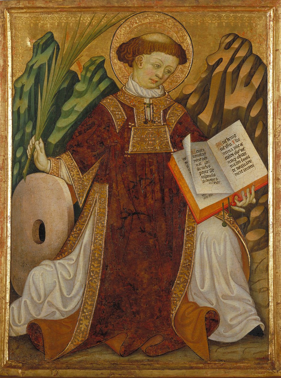 Saint Vincent Zaragozalainen (4. vuosisata) (Raamattua lukevan diakonin puvussa ja kädessään marttyyrien kämmenellä, lähellä hänen kidutuksensa myllykiveä) - Bonanat Zaortigan maalaus (aktiivinen 1400-luku), tempera puulle (80,2x61) , 5 cm), noin 1430 - Sa tekijältä Bonanat Zaortiga