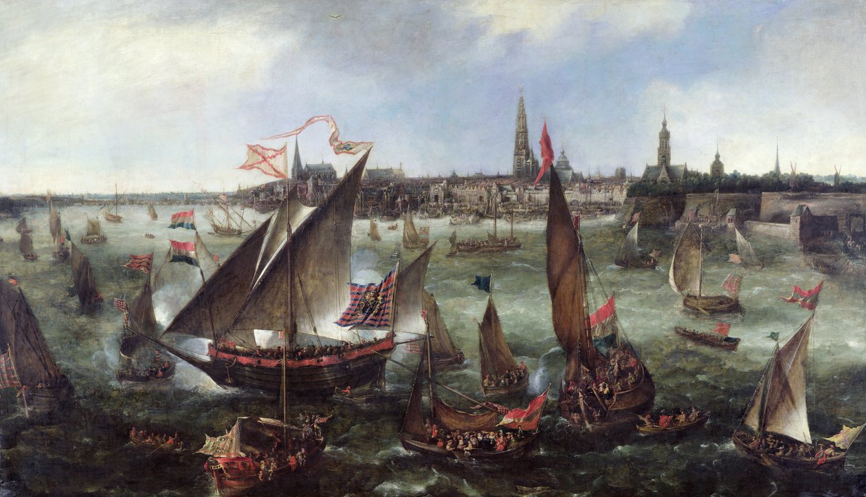 Näkymä Antwerpenin satamasta Bredan valloituksen juhlallisuuksien aikana, 1628 tekijältä Bonaventura Peeters