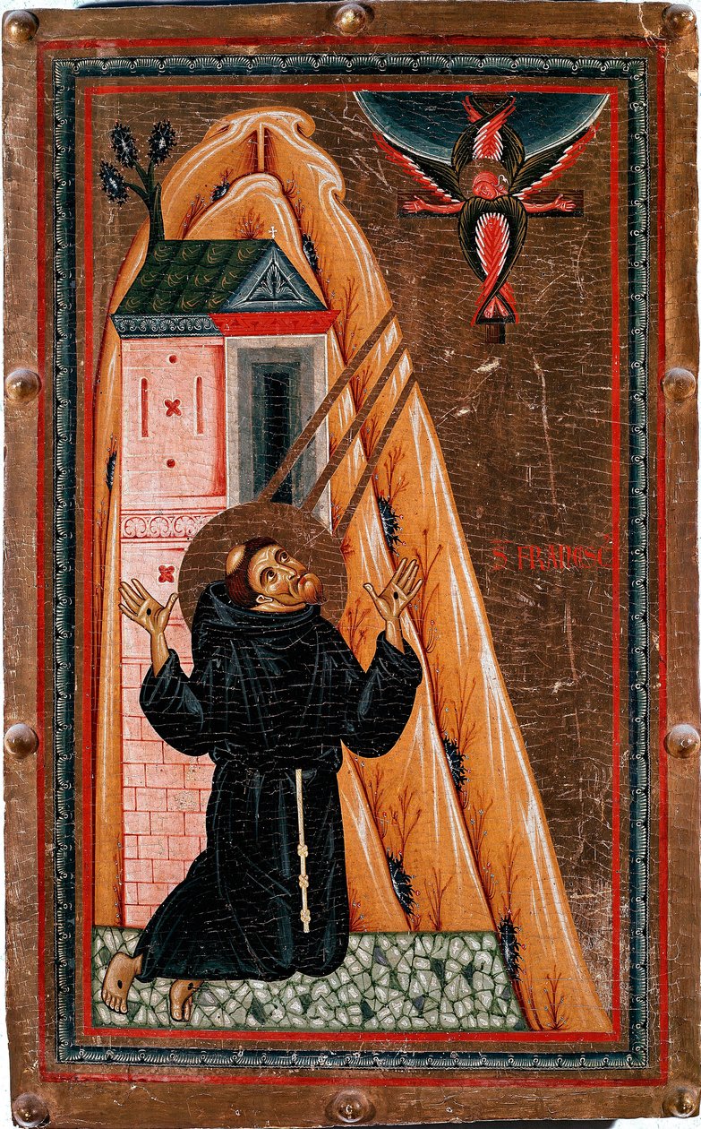 Pyhän Francois Assisilaisen elämä "" Pyhä Francois saa stigmoja"" Jeesus Kristus ristiinnaulittuna ilmestyy hänelle serafiinina. Maalaus puulle Bonaventura Berlinghieri (toiminut noin 1228-1274), Dim. 80x51 cm Galleria degli Uffizi (toimistot) Firenze tekijältä Bonaventura Berlinghieri