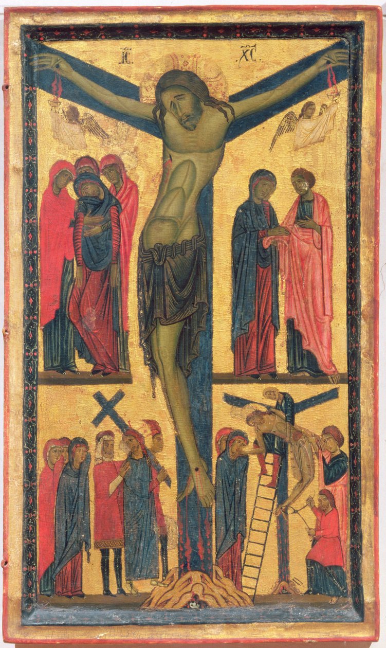 Ristiinnaulitseminen pyhien naisten kanssa, surejat, Kristus tiellä Golgatalle ja laskeuma, diptyykin oikea paneeli (tempera paneelissa) tekijältä Bonaventura Berlinghieri