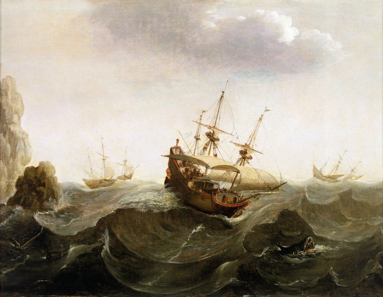 Itä-Intiaan matkalla oleva hollantilainen kauppa-alus päästää ohi kaksi silakanpyyntialusta. Öljyvärimaalaus, 1600-luvun puoliväli, tekijä Bonaventura Peeters (1614-1652). tekijältä Bonaventura Peeters