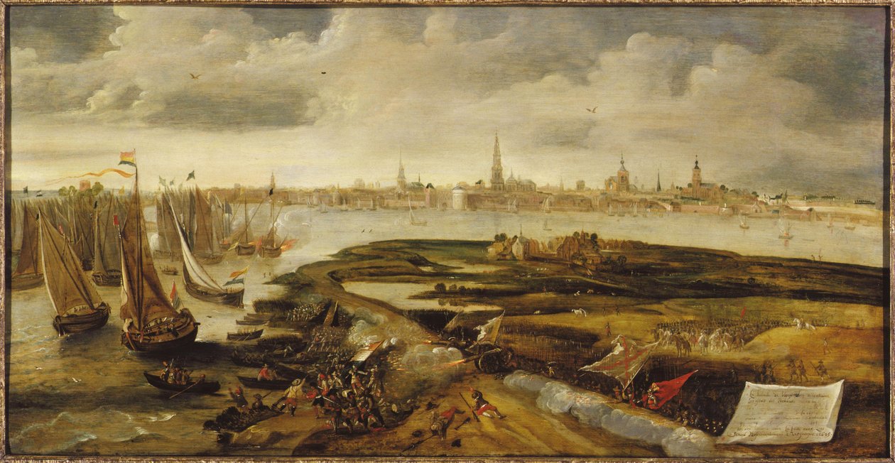 Íñigo de Borja torjui hollantilaisen joukon, joka yritti laskeutua Antwerpenin lähellä, 17. toukokuuta 1605, n. 1640. tekijältä Bonaventura Peeters the Elder