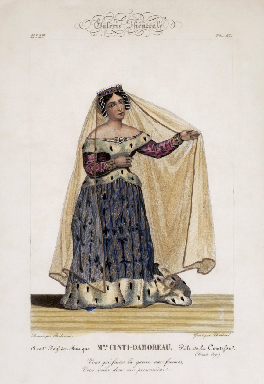 Laure Cinti-Damoreau, ranskalainen sopraano, la Comtesse Gioacchino Rossinin oopperassa Comte Ory Académie Royale de Musiquessa tekijältä Bonhommé Bonhommé