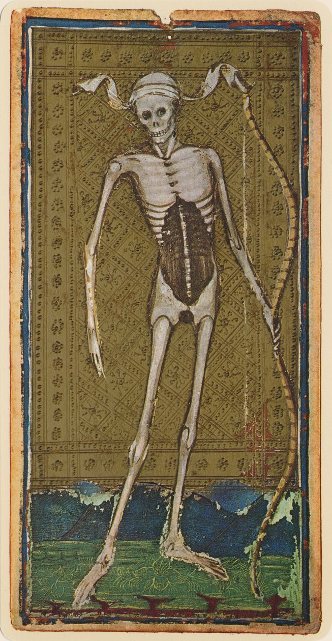 Kuolema, tarot-kortin faksimile Visconti-pakasta, 1441-47 tekijältä Bonifacio Bembo