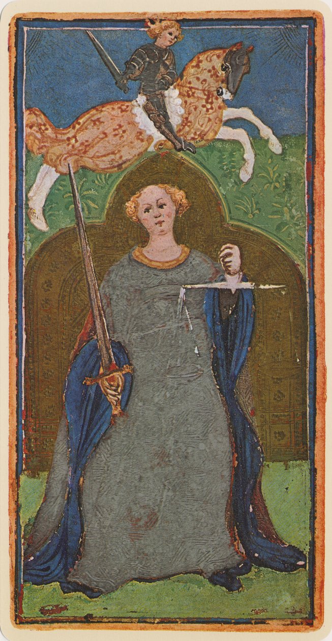 Justice, Tarot-kortin faksimile "Visconti"-pakasta, 1441-47 tekijältä Bonifacio Bembo