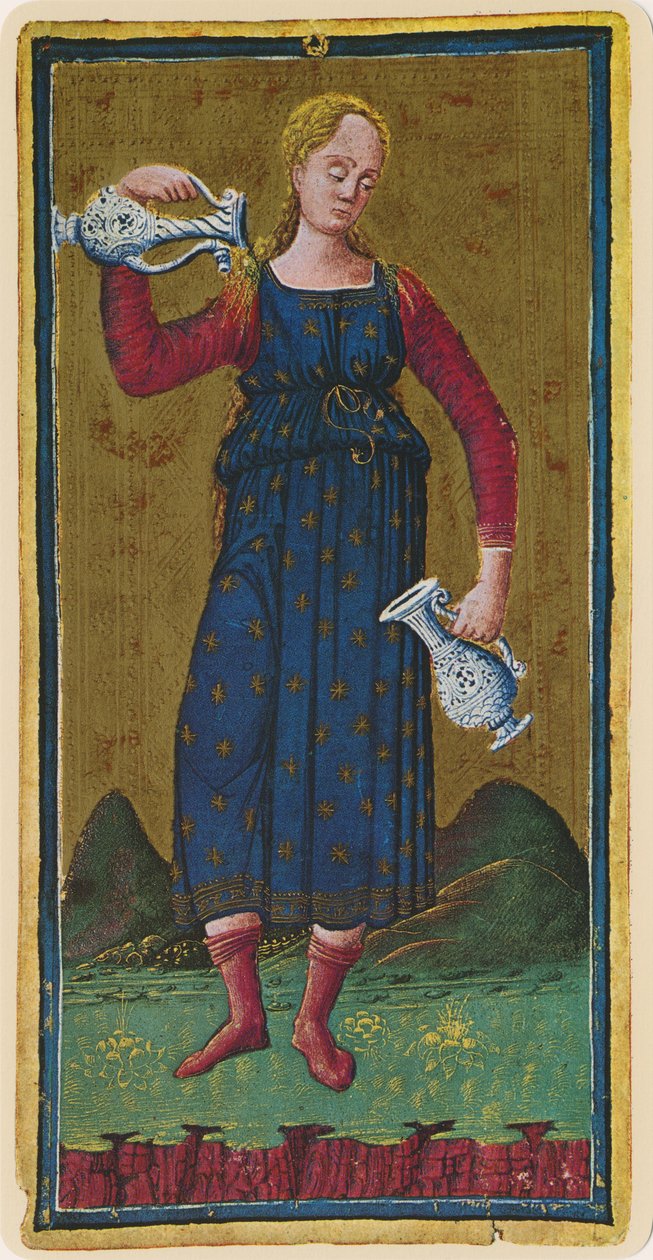 Temperance, Tarot-kortin faksimile "Visconti"-pakasta, 1441-47 tekijältä Bonifacio Bembo