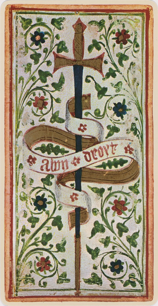 Miekkojen ässä, faksimile Tarot-kortista "Visconti"-pakasta, 1441-47 tekijältä Bonifacio Bembo