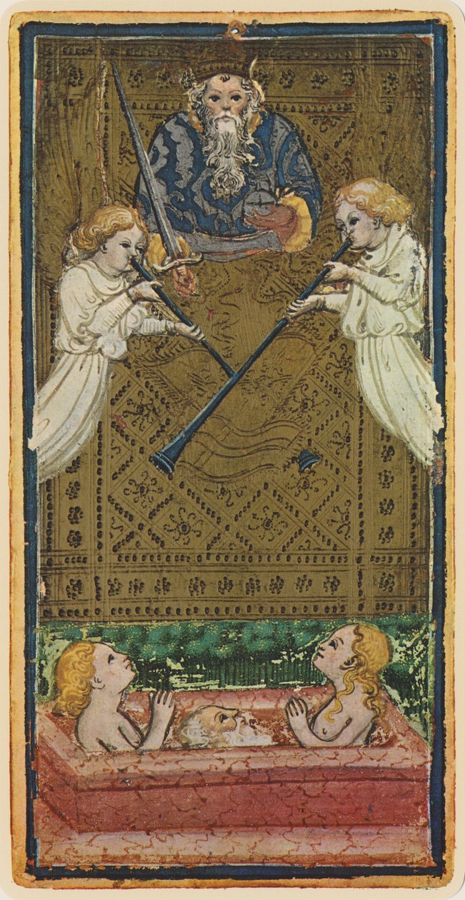 Enkeli, faksimile Tarot-kortista "Visconti"-pakasta, 1441-47 tekijältä Bonifacio Bembo