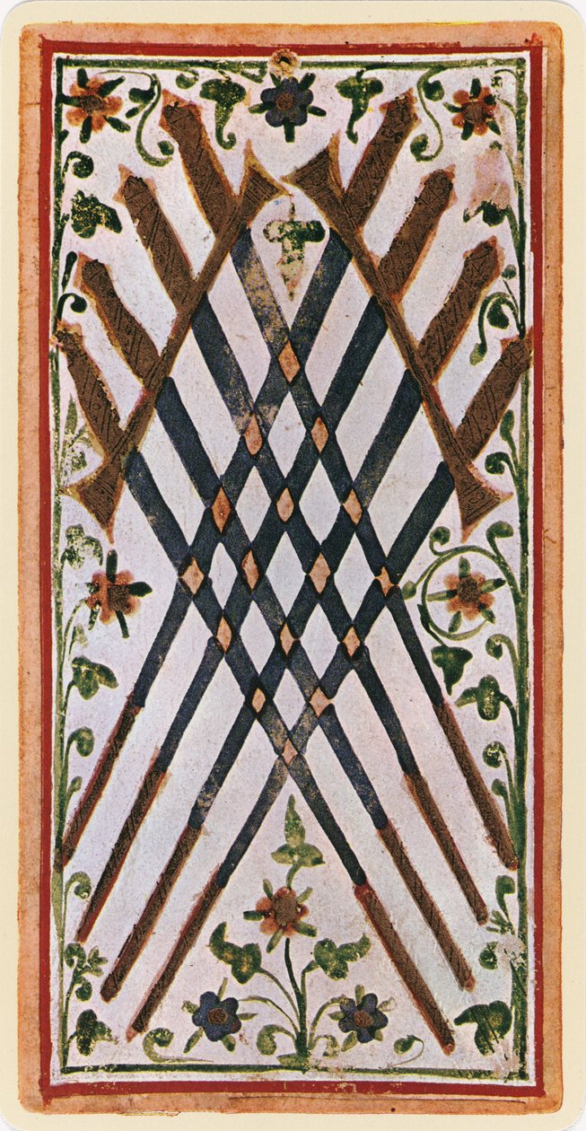 The Eight of Swords, faksimile Tarot-kortista "Visconti"-pakasta, 1441-47 tekijältä Bonifacio Bembo