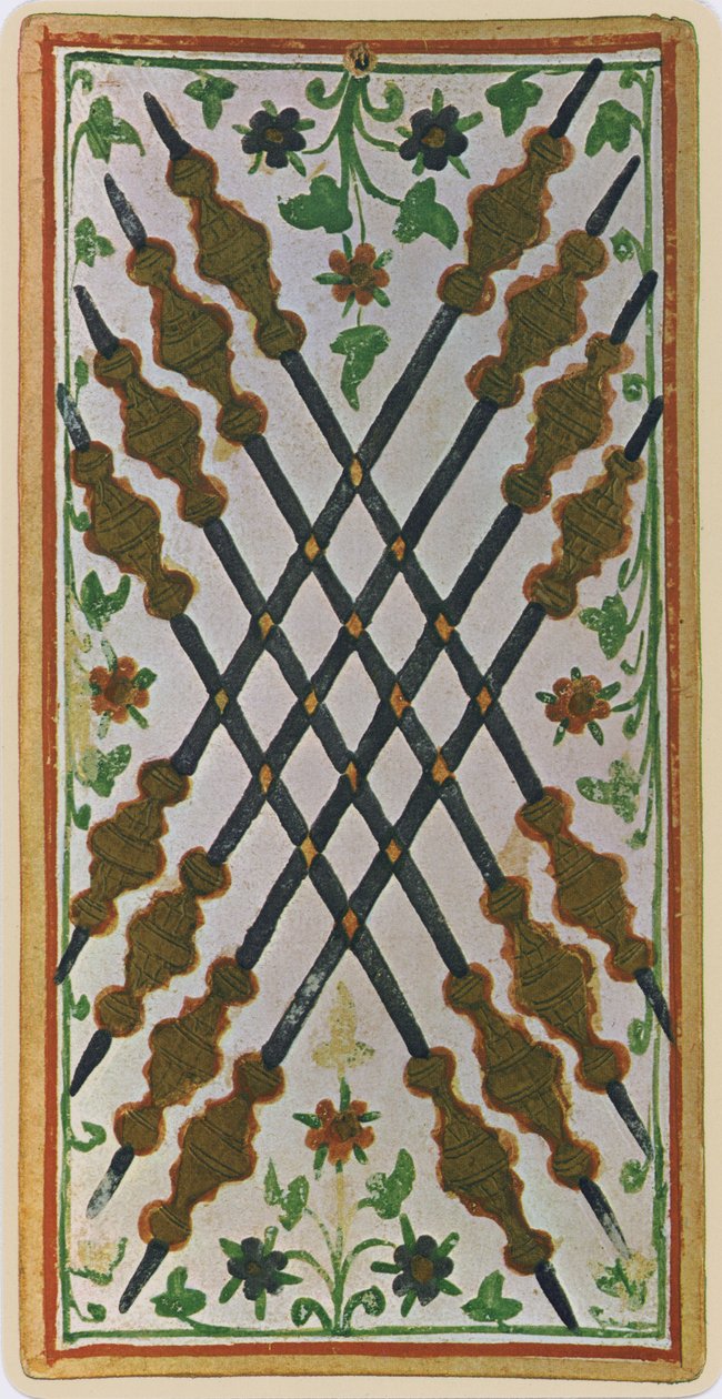 The Eight of Wands, faksimile Tarot-kortista Visconti-pakasta, 1441-47 tekijältä Bonifacio Bembo