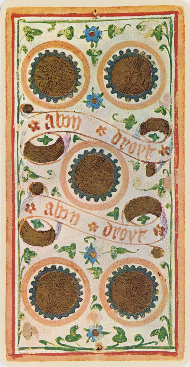 Viisi kolikkoa, faksimile tarotkortista Visconti-pakasta, 1441-47. tekijältä Bonifacio Bembo
