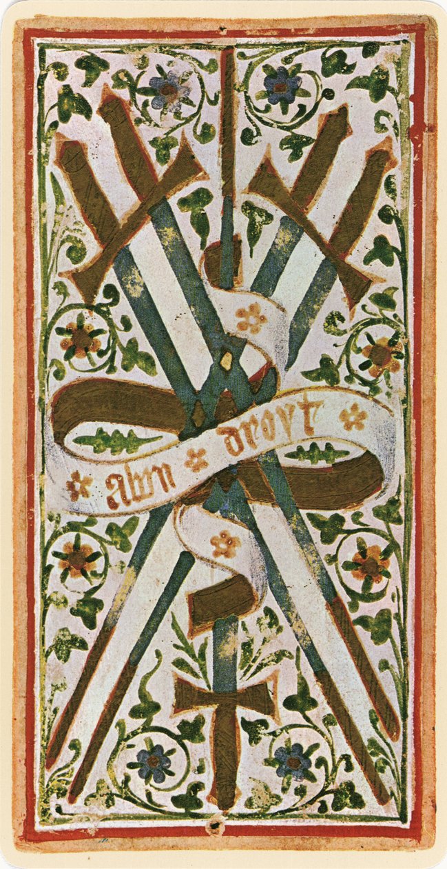 The Five of Swords, faksimile Tarot-kortista "Visconti"-pakasta, 1441-47 tekijältä Bonifacio Bembo