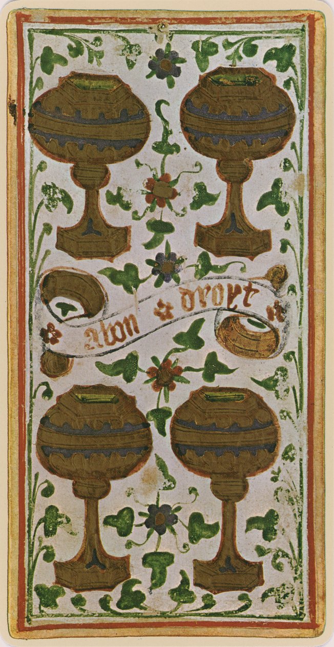The Four of Cups, faksimile Tarot-kortista "Visconti"-pakasta, 1441-47 tekijältä Bonifacio Bembo