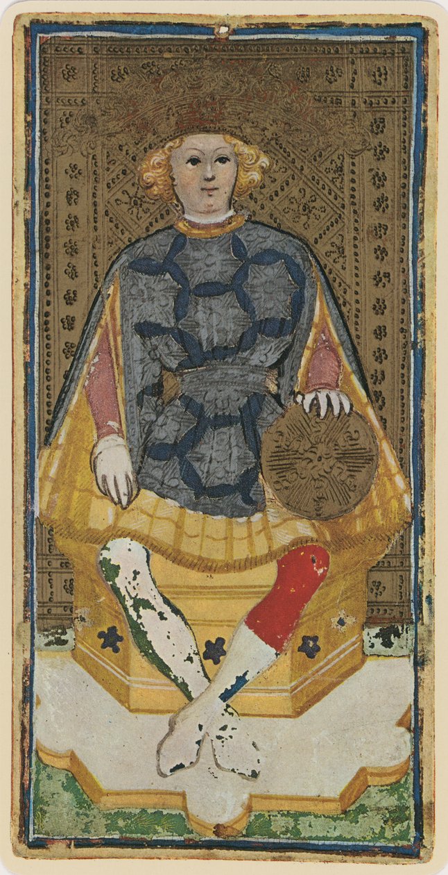 Kolikoiden kuningas, faksimile tarotkortista Visconti-pakasta, 1441-47. tekijältä Bonifacio Bembo