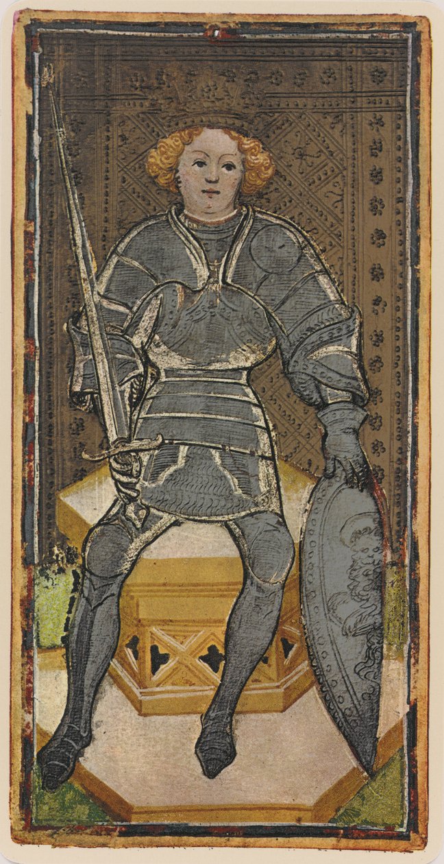 Miekkojen kuningas, faksimile tarotkortista Visconti-pakasta, 1441-47. tekijältä Bonifacio Bembo