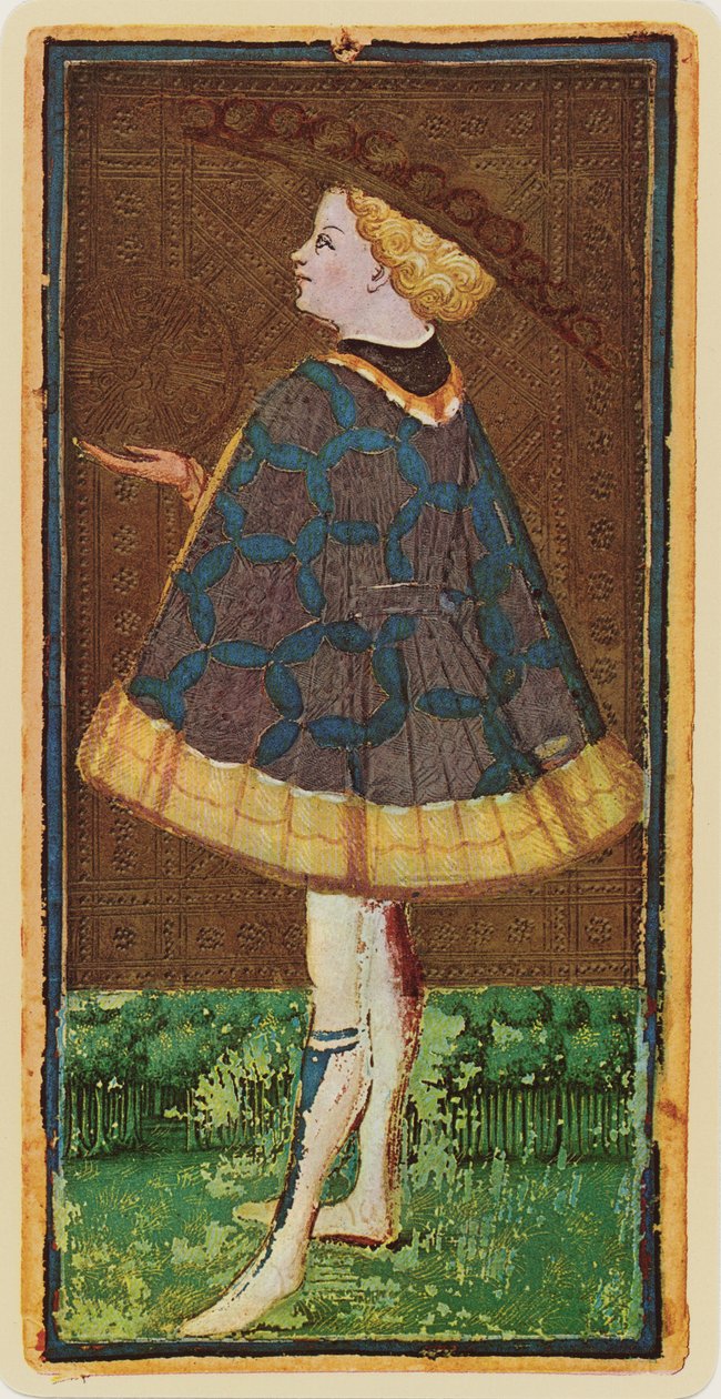 The Snave of Coins, faksimile Tarot-kortista "Visconti"-pakasta, 1441-47 tekijältä Bonifacio Bembo