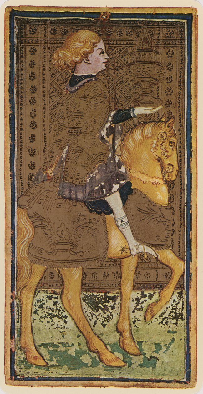 Kuppien ritari, faksimile tarotkortista Visconti-pakasta, 1441-47. tekijältä Bonifacio Bembo