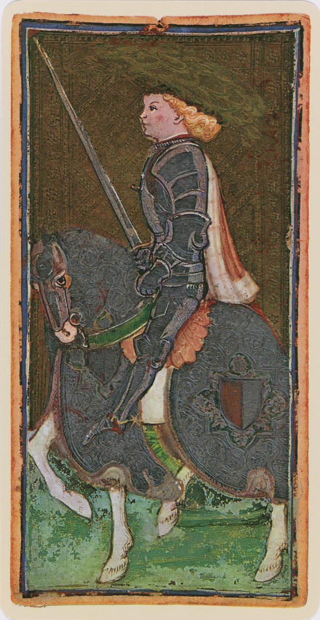 Miekkojen ritari, faksimile Tarot-kortista "Visconti"-pakasta, 1441-47 tekijältä Bonifacio Bembo