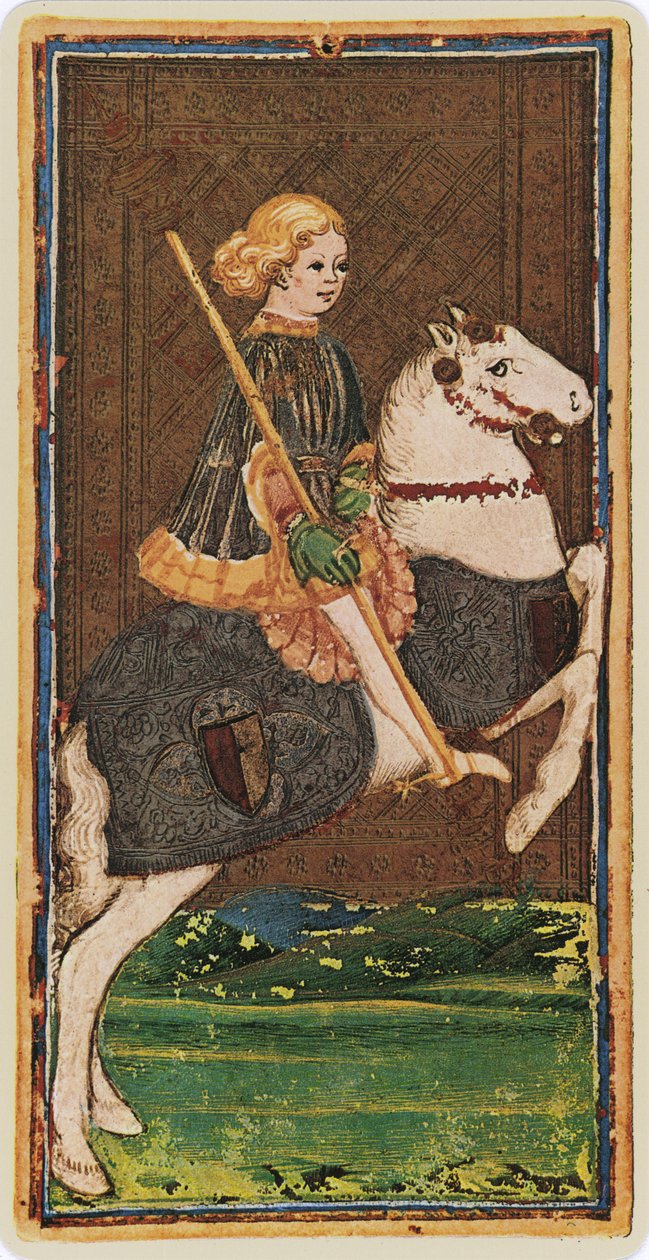 The Knight of Wands, faksimile Tarot-kortista Visconti-pakasta, 1441-47 tekijältä Bonifacio Bembo