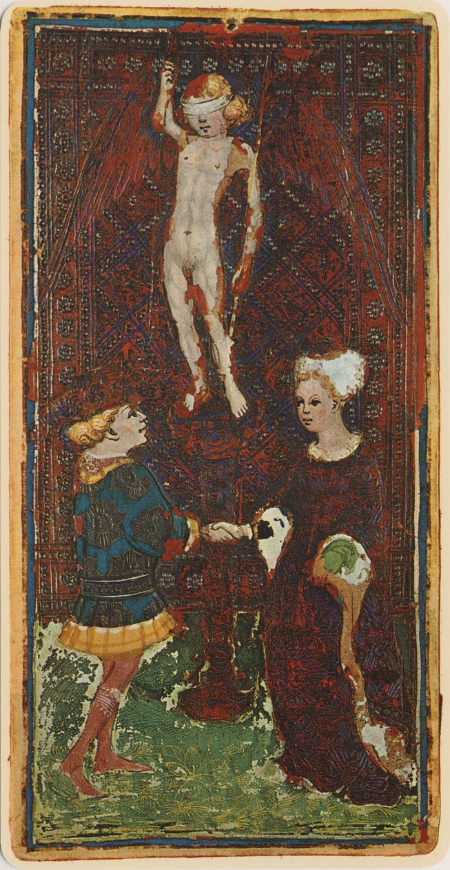 The Lovers, faksimile tarot-kortista "Visconti"-pakasta, 1441-47 tekijältä Bonifacio Bembo