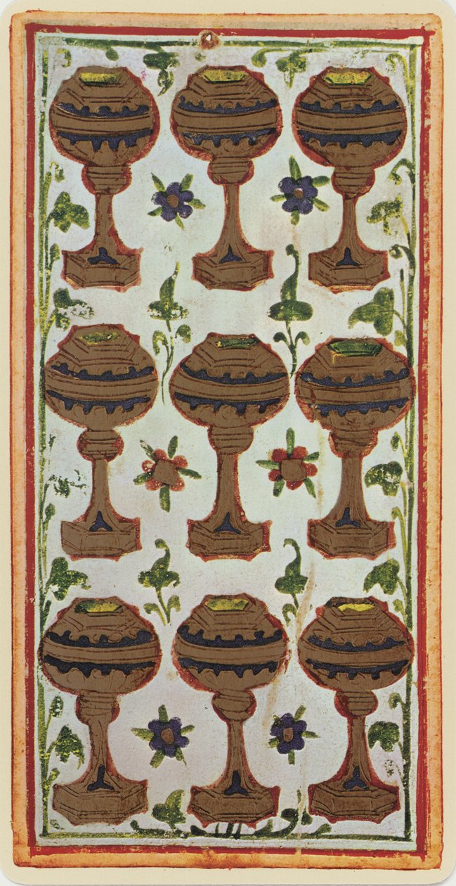 Yhdeksän kuppia, faksimile Tarot-kortista "Visconti"-pakasta, 1441-47 tekijältä Bonifacio Bembo