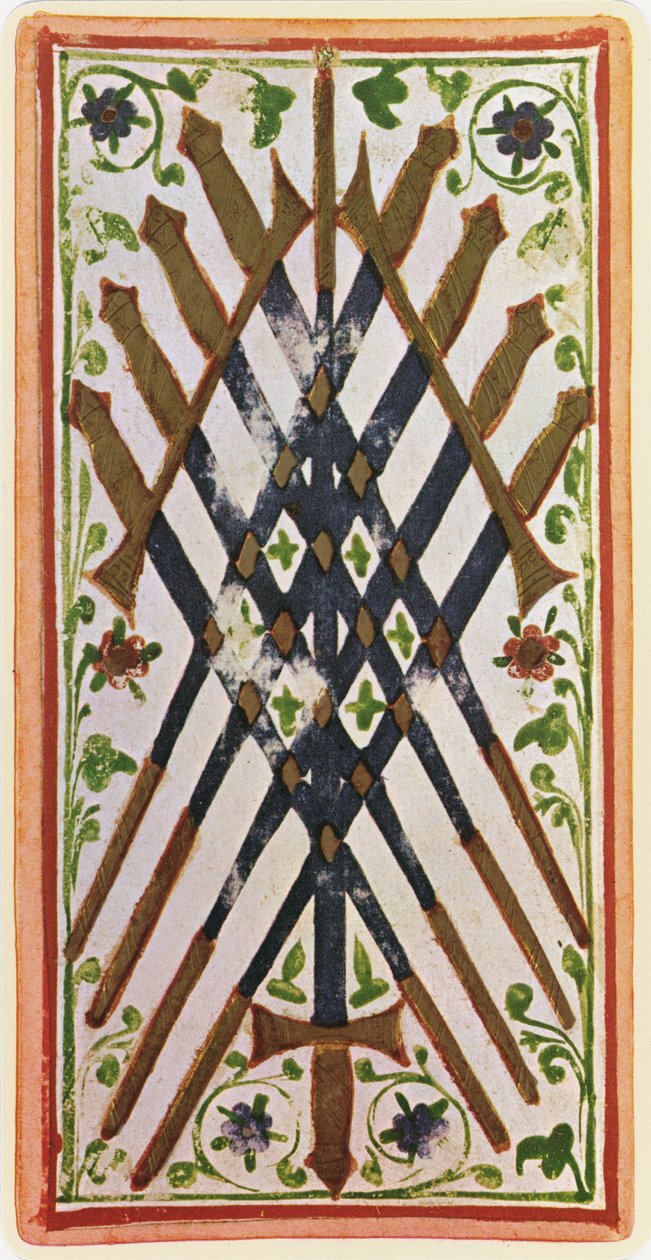 Yhdeksän miekkoja, faksimile Tarot-kortista "Visconti"-pakasta, 1441-47 tekijältä Bonifacio Bembo