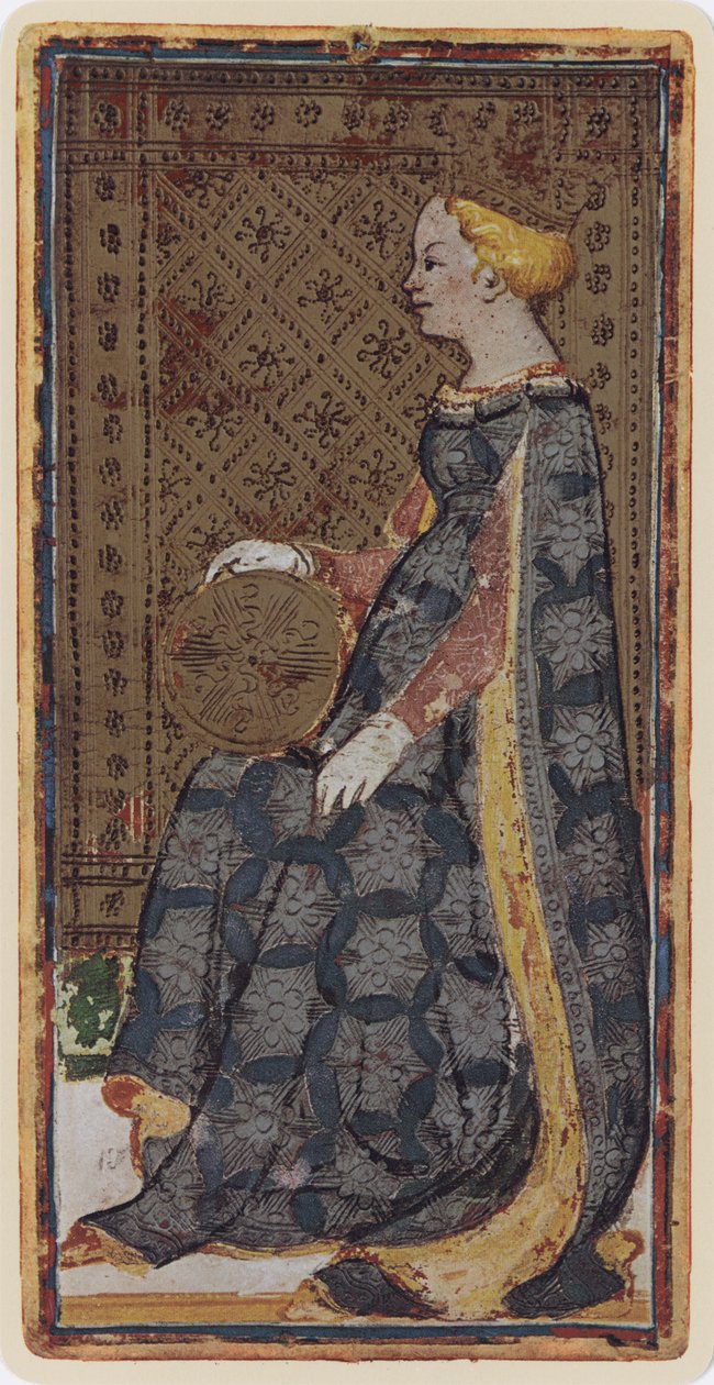 The Queen of Coins, faksimile Tarot-kortista "Visconti"-pakasta, 1441-47 tekijältä Bonifacio Bembo