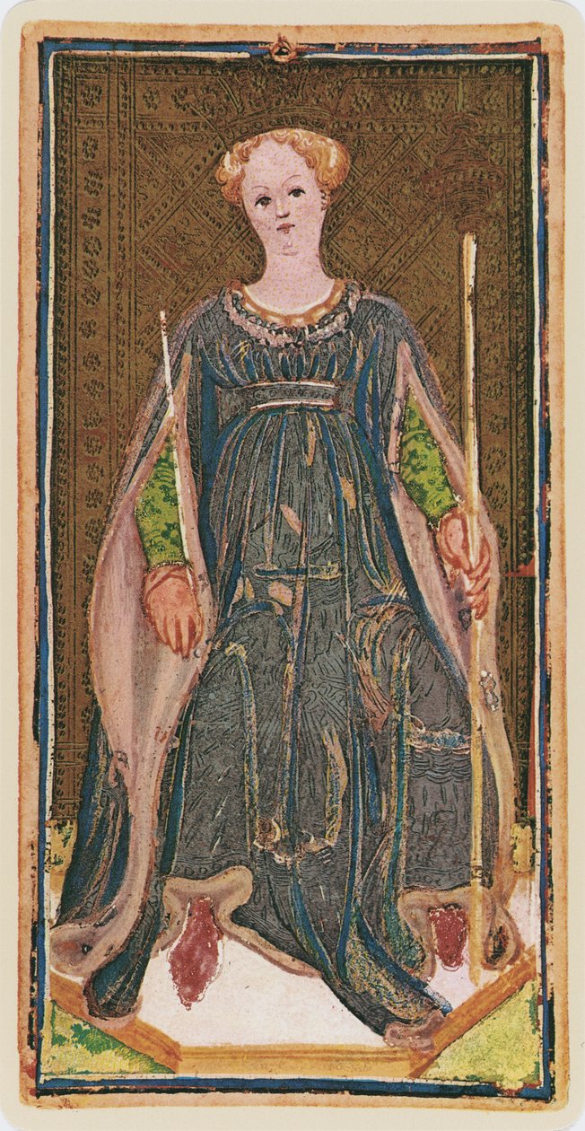 The Queen of Wands, faksimile Tarot-kortista "Visconti"-pakasta, 1441-47 tekijältä Bonifacio Bembo