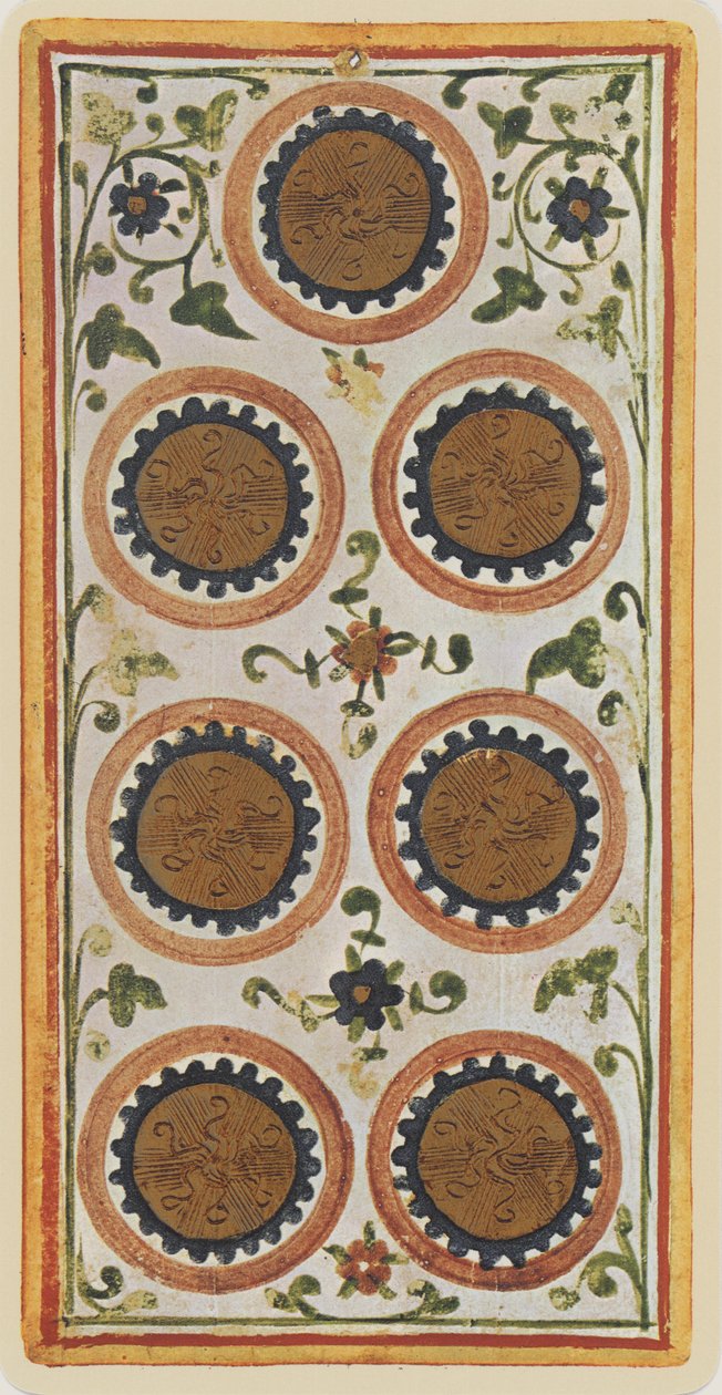 The Seven of Coins, faksimile Tarot-kortista "Visconti"-pakasta, 1441-47 tekijältä Bonifacio Bembo