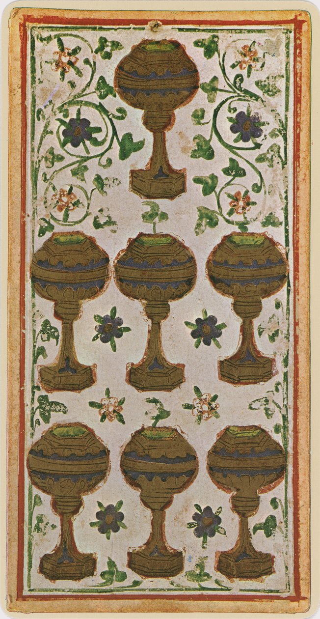 Kuppien seitsemän, faksimile tarotkortista Visconti-pakasta, 1441-47. tekijältä Bonifacio Bembo