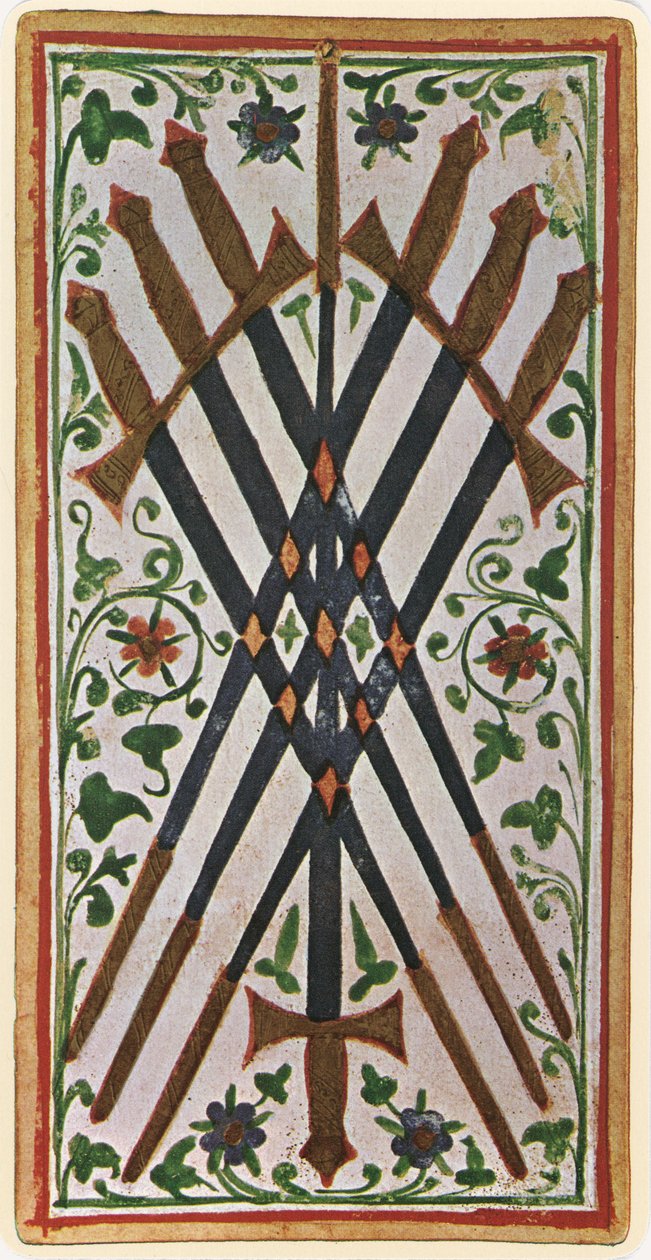 The Seven of Swords, faksimile Tarot-kortista Visconti-pakasta, 1441-47 tekijältä Bonifacio Bembo