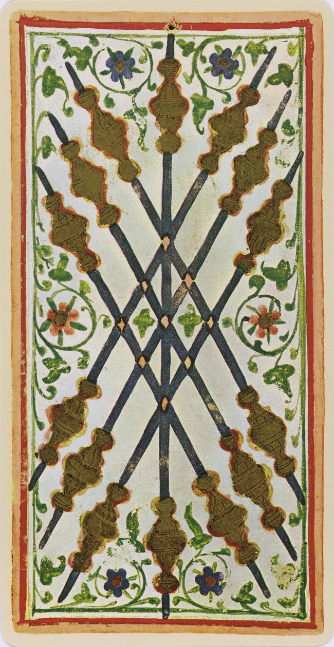 Seitsemän sauvaa, faksimile Tarot-kortista "Visconti"-pakasta, 1441-47 tekijältä Bonifacio Bembo
