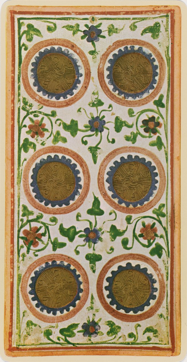 The Six of Coins, faksimile Tarot-kortista Visconti-pakasta, 1441-47 tekijältä Bonifacio Bembo