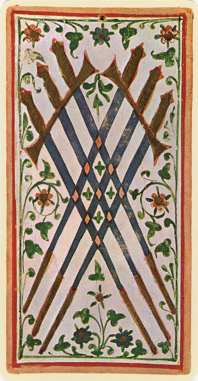 The Six of Swords, faksimile Tarot-kortista "Visconti"-pakasta, 1441-47 tekijältä Bonifacio Bembo